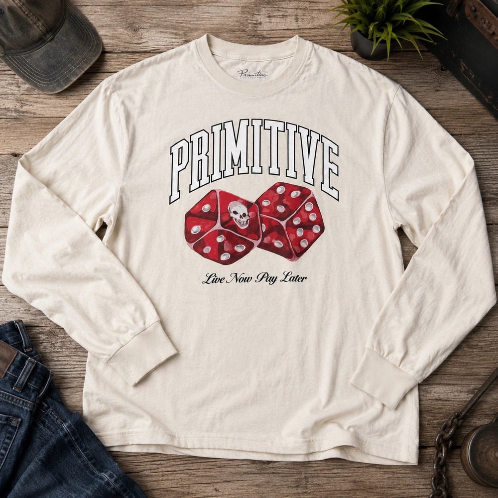 Primitive Skateboarding Mens 2XL Cream Long Sleeve Dice Skull Graphic TShirt Y2K